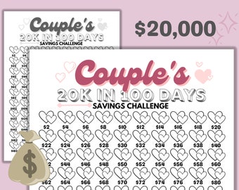 May include: A printable savings challenge chart for couples to save £20,000 in 100 days. The chart features a heart design with numbers from £2 to £80.