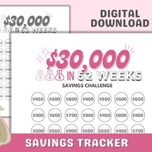 Archivo imprimible de seguimiento de ahorros de 30 000 en 52 semanas, desafío de ahorro de 30 000 en 1 año, seguimiento de ahorros de 30 000 en blanco y negro y color