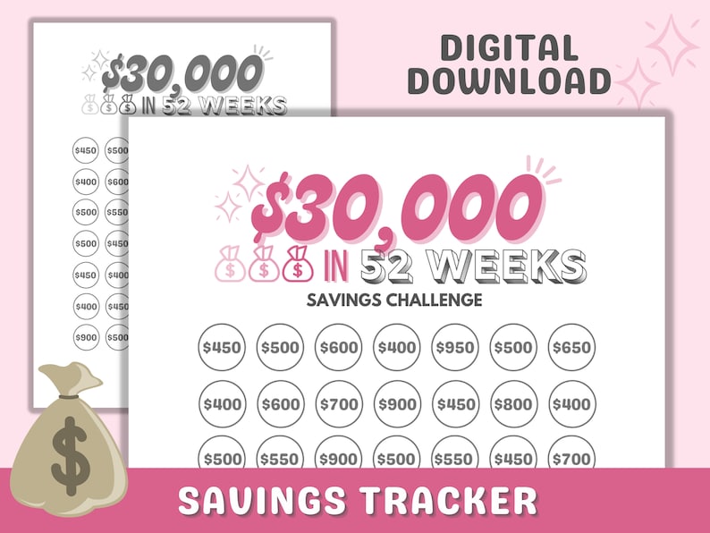 30k in 52 Weeks Savings Tracker Printable File, Save 30,000 in 1 Year ...