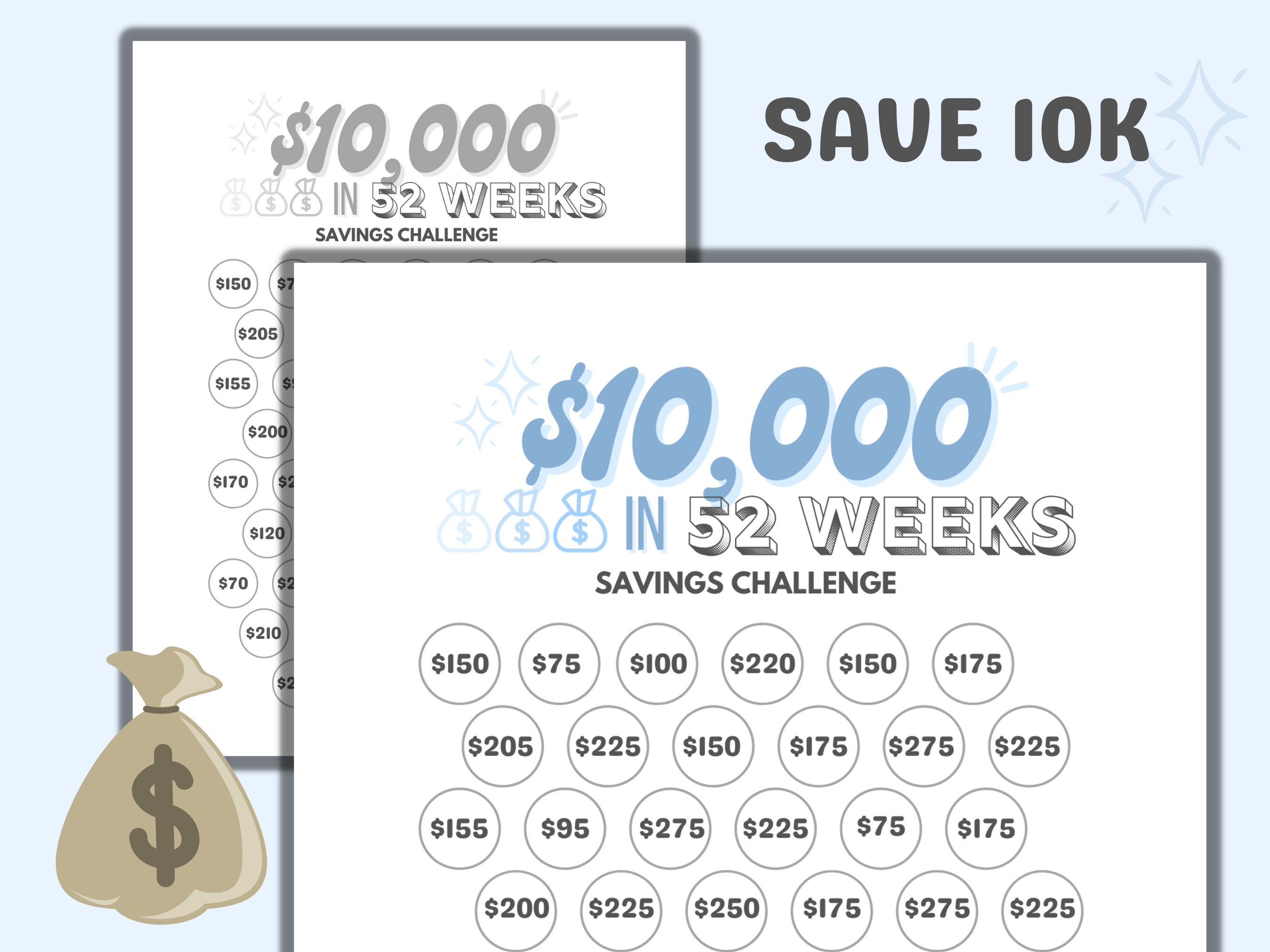 10k in 52 Weeks Savings Tracker Printable Files, Save 10,000 in 1 Year ...