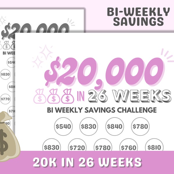 Bi Weekly 20k Savings Challenge, Save 20,000 in 26 Weeks Printable, Biweekly Savings Tracker PDF File | BW & Color