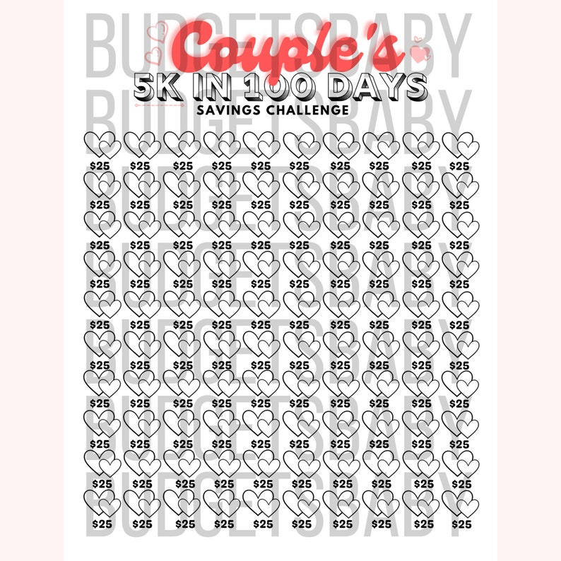 Couple's 5K Savings Challenge, 100 Day Tracker (printable PDF) - Etsy