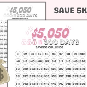 5k in 100 Days Savings Tracker Printable Files, Save 5050 in 100 Days Savings Challenge 2022, BW & Color