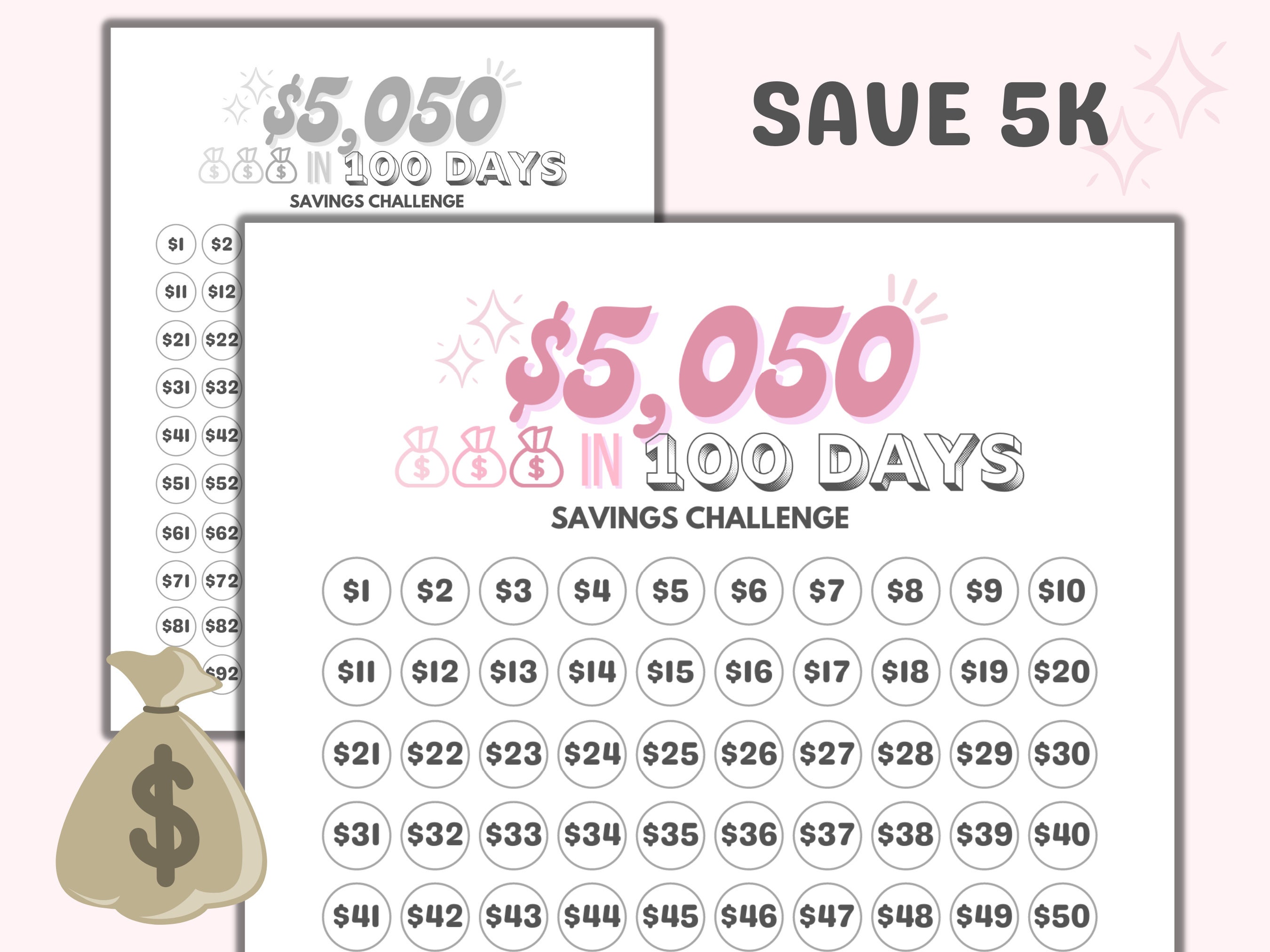 5k in 100 Days Savings Tracker Printable Files, Save 5050 in 5k in 100 Days Savings Tracker Printable Files, Save 5050 in