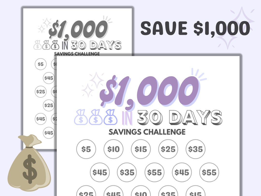 1k in 30 Days Savings Challenge Tracker, Printable PDF - Etsy
