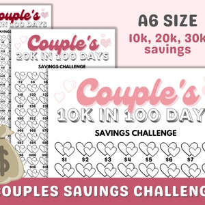 10k 20k 30k in 100 Days Mini A6 Couple's Savings Tracker Envelope Printables, Save 10000 in 100 Days Savings Challenge Set of 3 BW&Color