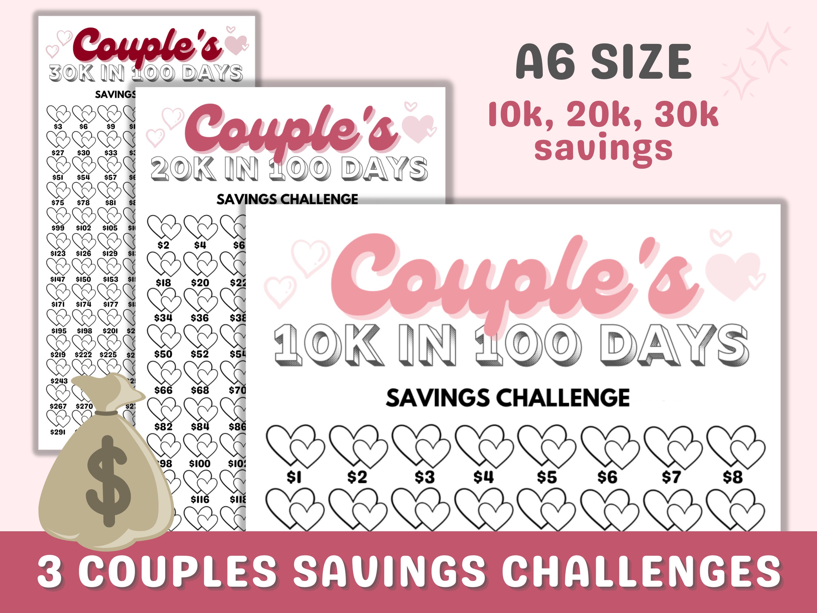 Couple's Savings Challenge, 10K 20K 30K in 100 Days (A6 Printables
