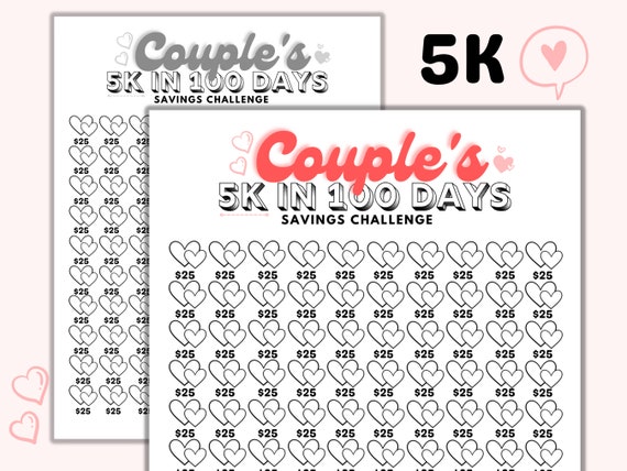 5k in 100 Days Couple's Savings Tracker Printable Files, Save 5000