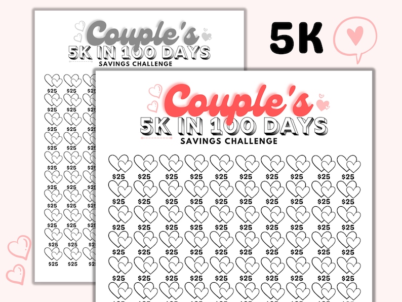 Couple's 5K Savings Challenge, 100 Day Tracker (printable PDF) - Etsy