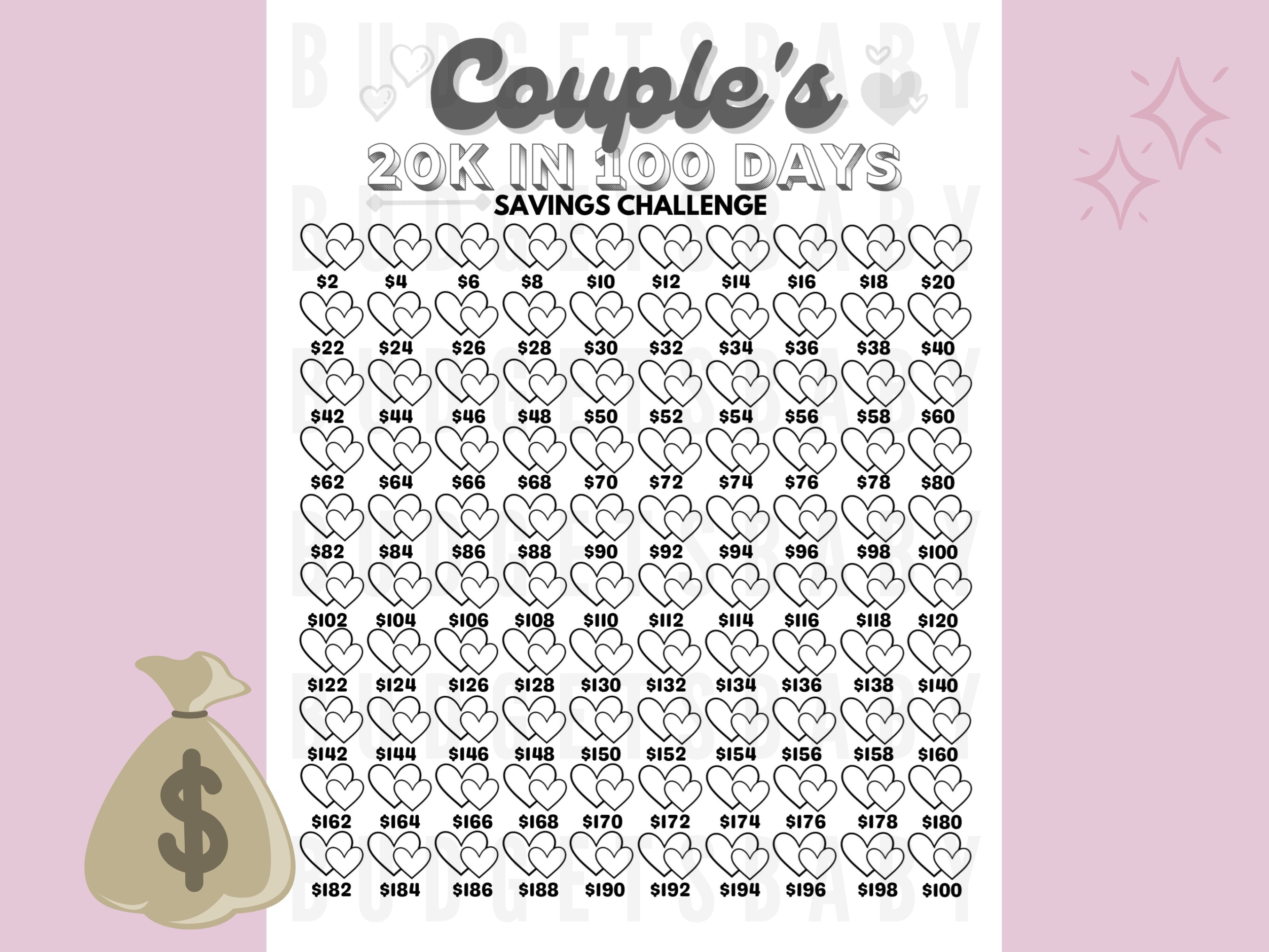 20k in 100 Days Couple's Savings Tracker Printable Files, Save