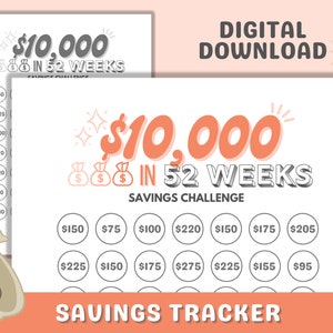 10k in 52 Weeks Savings Tracker Printable File, Save 10,000 in 1 Year Savings Challenge, 10000 Savings Tracker BW & Color