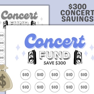 Può includere: Un tracker di fondi per concerti stampabile con un design blu e bianco. Il tracker ha 10 cerchi per risparmiare 10 € ciascuno, per un totale di 300 €. L'immagine include il testo "Concert Fund Save 300 €".