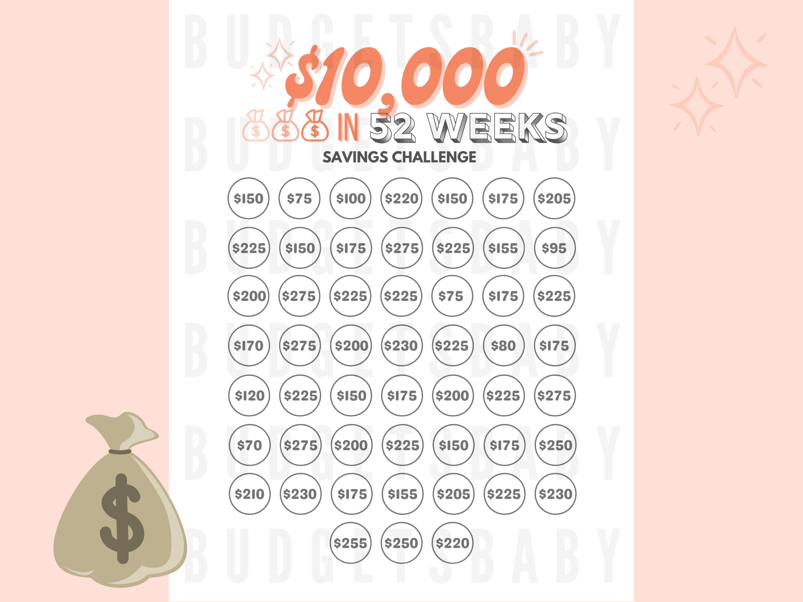 10k in 52 Weeks Savings Tracker Printable File, Save 10,000 in 1 Year ...