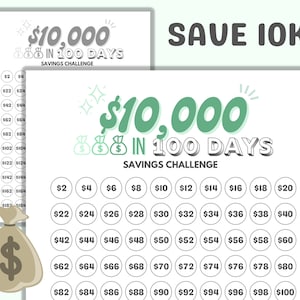 May include: A green and white printable chart with the text "Save 10K $10,000 in 100 Days Savings Challenge". The chart is divided into 10 rows and 10 columns, with each cell containing a pound sterling amount from £2 to £100.