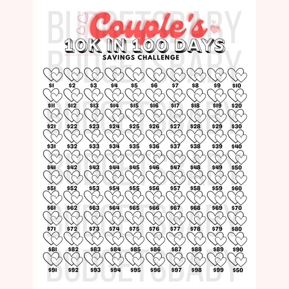 10k in 100 Days Couple's Savings Tracker Printable Files, Save