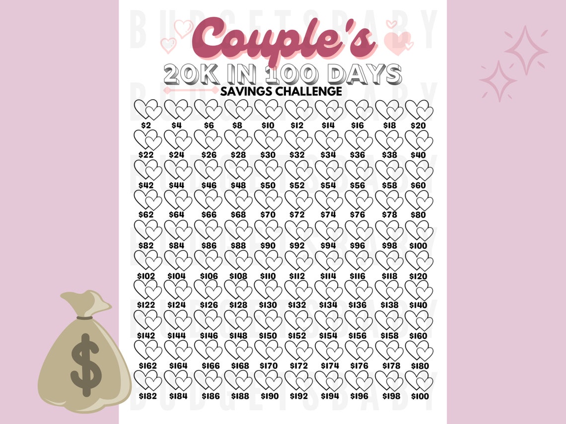 20k in 100 Days Couple's Savings Tracker Printable Files Etsy UK