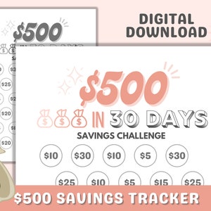 Puede incluir: Un rastreador de ahorros imprimible de $500 con un esquema de color rosa y gris. El rastreador está diseñado para ayudarte a ahorrar $500 en 30 días. Cuenta con una cuadrícula con diferentes cantidades de dólares para completar cada día.