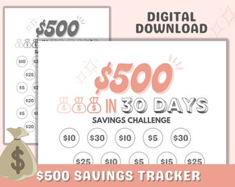 500 in 30 Days Savings Tracker Printable File, Save Five Hundred Dollars in 30 Days Savings Challenge 2022, BW & Color