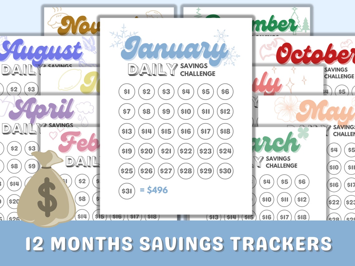 12 Month Savings Challenge, Printable 1 Year Savings Trackers, Monthly