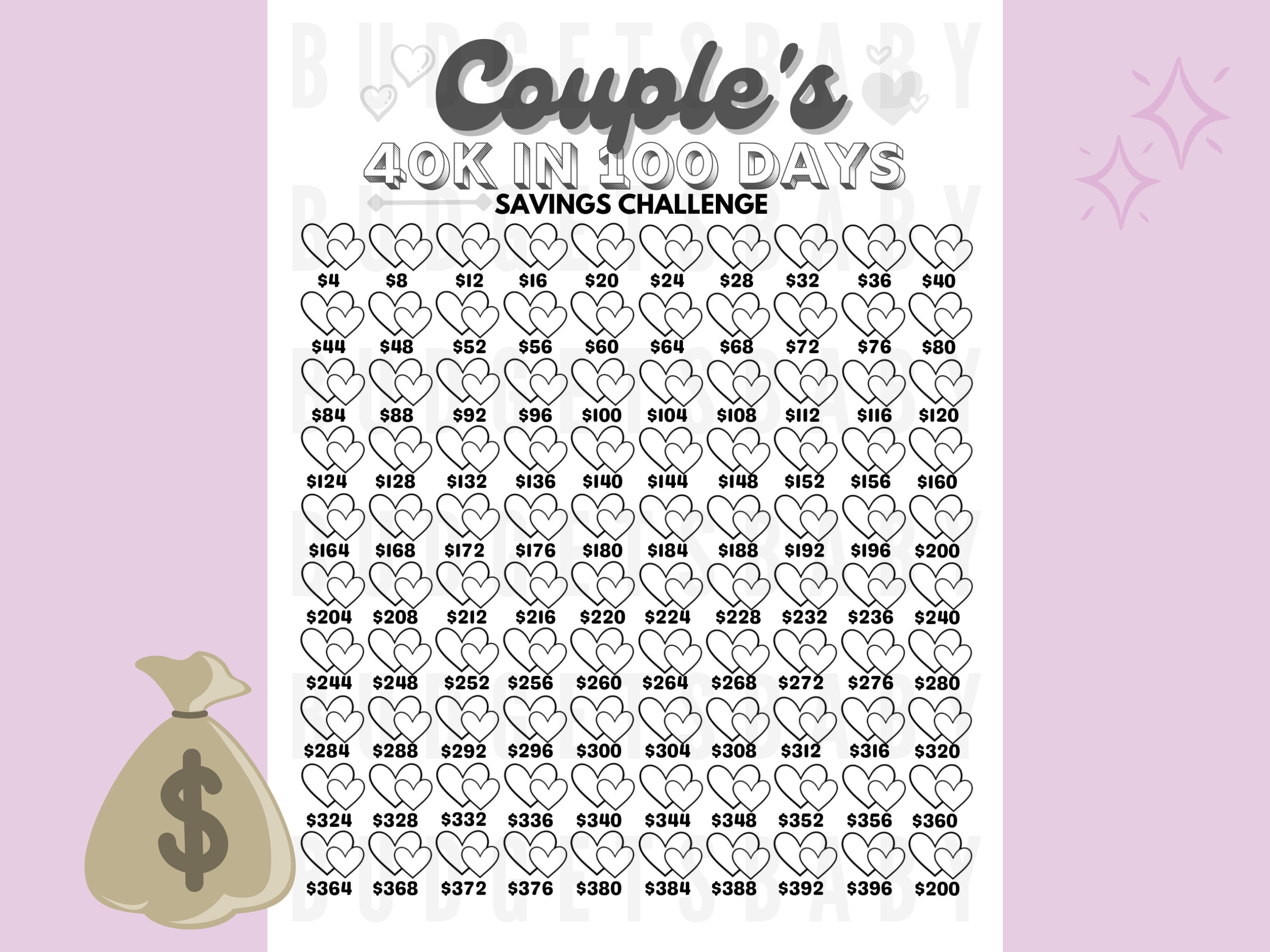 40k in 100 Days Couple's Savings Tracker Printable Files, Save