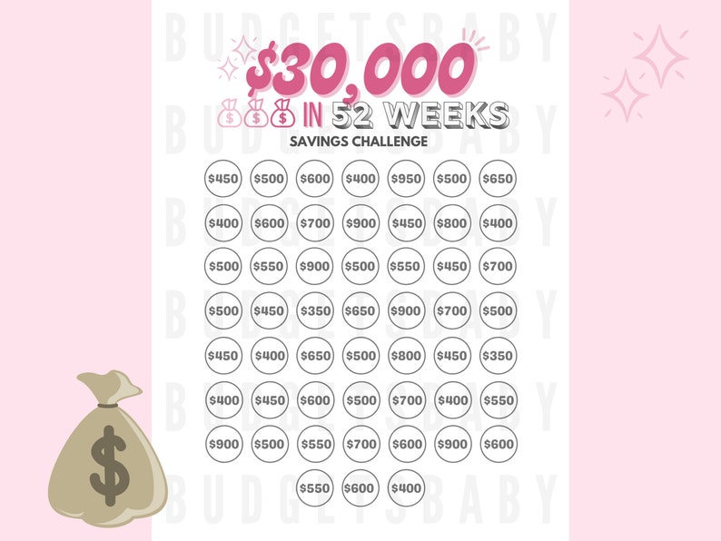 30k in 52 Weeks Savings Tracker Printable File, Save 30,000 in 1 Year ...