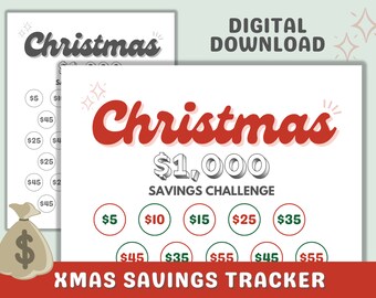 1k クリスマス貯蓄トラッカーの印刷可能なファイル、30 日間で 1000 を節約するクリスマス貯蓄チャレンジ 2022、クリスマス貯蓄タッカー、白黒およびカラーのダウンロード
