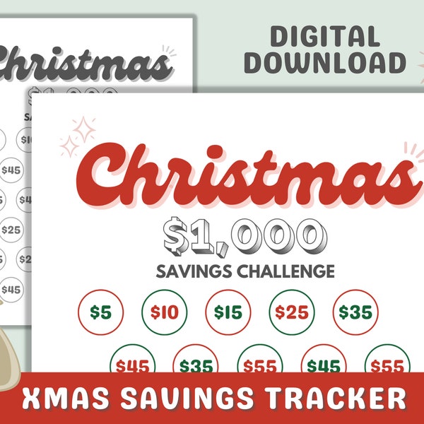 1k Christmas Savings Tracker Printable Files, Save 1000 in 30 Days Xmas Savings Challenge 2022, Xmas Savings Tacker, BW & Color Download