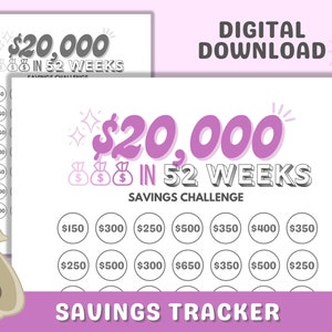 20k in 52 Weeks Savings Tracker Printable File, Save 20,000 in 1 Year Savings Challenge, 20000 Savings Tracker BW & Color