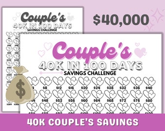 May include: A printable savings challenge chart for couples to save £40,000 in 100 days. The chart features a heart design and includes a goal of £40,000. The text "Couple's 40K in 100 Days Savings Challenge" is at the top of the chart.