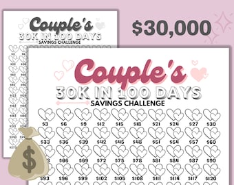 May include: A printable savings challenge chart for couples to save £24,000 in 100 days. The chart features hearts and pound sterling amounts in a grid format. The title is "Couple's 30K in 100 Days Savings Challenge".