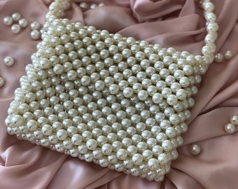 Pearl Beaded Bag, Pearl  Handbag, Cream Beaded Bridal Purse, Pearl Evening Bag, Faux Pearl Bag- Pearl Evening Bag, White Cream Beaded Bag