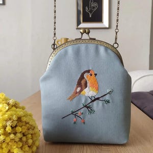 Kit de bordado para cartera, bolso con asa, bolso bordado, bolso con modelo de pájaro, kit de bordado para monedero con hebilla, kit de manualidades para bricolaje