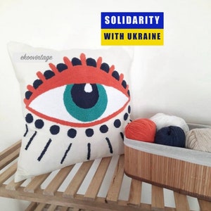 Punch Needle Pillow-Handmade Tufted Punch Needle Evil Eye Pillow Cover ,Punch Needle Pillow,Throw Pillows ,Decorative Pillows,Evil Eye Decor