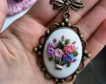 Handmade Yellow Bouquet Necklace,Ukrainian seller embroidered jewelry shop,Floral Embroidery Necklace,Embroidered Pendant ,HandmadeGift