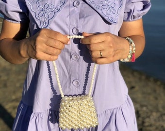 Pearl Beaded Bag, Pearl Handtas, Cream Beaded Bridal Purse, Pearl Evening Bag, Faux Pearl Bag- Pearl Evening Bag, White Cream Beaded Bag