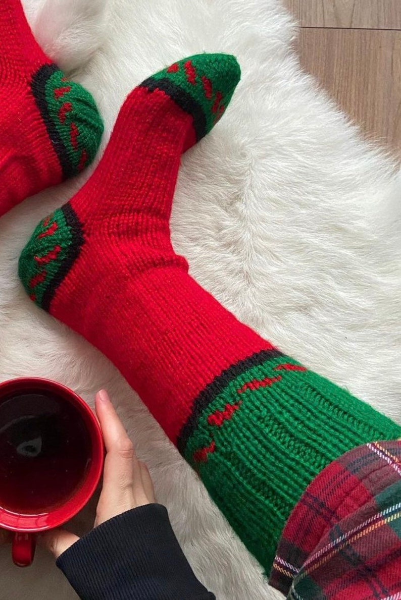 Christmas Socks wool Socks%100 Hand MadeKnitted Woolly Slipper Socks-Wool Socks, Christmas socks, Christmas Gift image 3