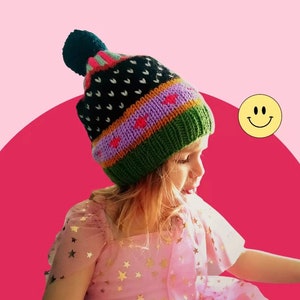 Hand Knitted Sheep Wool Beanie Bobble Hat Men Ladies-Rainbow Stripe -Ethical Clothing - Fine Knit Winter Hat - Bobble Beanie-Kids Winter Hat