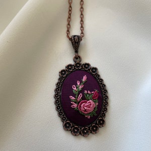 Hand Embroidered Purple Necklace,Hand Embroidered Necklace,Embroidered Jewelry,Floral Embroidery Necklace,Embroidered Pendant ,HandmadeGift