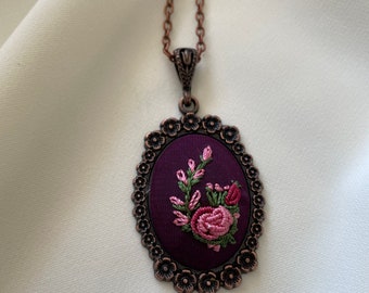 Hand Embroidered Purple Necklace,Hand Embroidered Necklace,Embroidered Jewelry,Floral Embroidery Necklace,Embroidered Pendant ,HandmadeGift