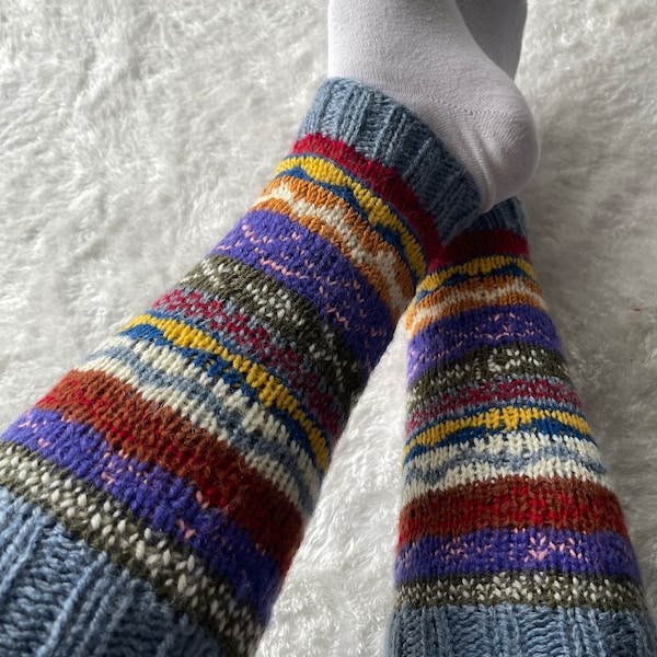 Hand Knit Dotty Stripe Leg Warmers, 100% Handmade, Fair Trade Unlined Legwarmers, Knee High Boot Toppers-Bright Hearts Colourful Soft Stripy