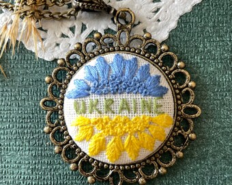 Ukrainian Embroidery Sunflower Necklace Blue Sky Yellow Flower Pendant Embroidered Jewelry Flowers Necklace-Ukraine flag necklace, Ukrainian