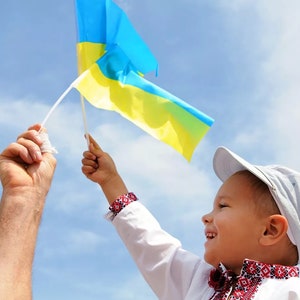 May include: A young boy wearing a white shirt and a white cap holds a blue and yellow flag with a man's hand holding the other end of the flag.