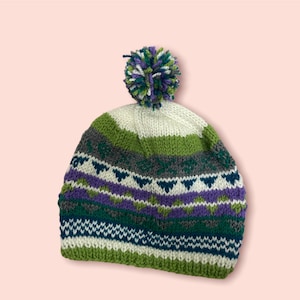 Boina y guantes para mujer, tejidos a mano, gorro con pompón, diadema y guantes sin dedos. 100 % lana, suaves y con estampado, en verde y azul.