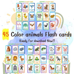 45 Color animals Flash cards, Montessori learning, Educational Printable Cards, Zoo Animals Flash Cards, INSTANT DOWNLOAD NOW!