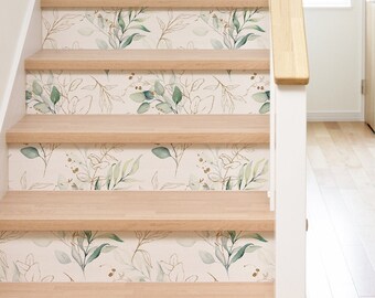 Soft Leaves Decal \ Light Floral Sticker \ Floral Removable Stair Riser Decals \ Peel & Stick Vinyl Stair Sticker
