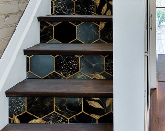 Hexagons with Gold Leaves Decal \ Dark Pattern Sticker \ Vintage Removable Stair Riser Decals \ Peel & Stick Vinyl Stair Sticker