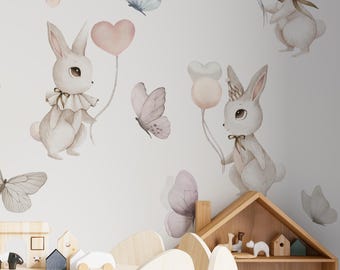 Häschen-Wandaufkleber für Kinderzimmer, Aquarell-Kaninchen mit Luftballons, entfernbarer Wandaufkleber, zarte Pastellschale und -stift Kinderzimmerdekor
