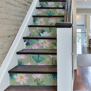 Crane Bird and Lotus Flower Decal \ Rowanberry Sticker \ Animal Removable Stair Riser Decals \ Peel & Stick Vinyl Stair Sticker