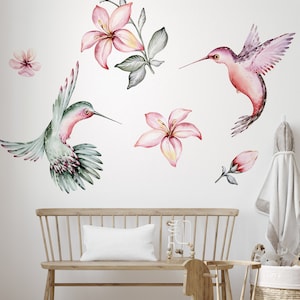 Watercolor Hummingbird with Flowers \ Wall Decal \ Removable Wall Stickers \ Self Adhesive Wall Decal \ Wall Art