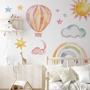 Pink Watercolor Balloons, Rainbow, Sun and Clouds Wall Decals, Removable Stickers for Kids Room, Peel and Stick Wall Art